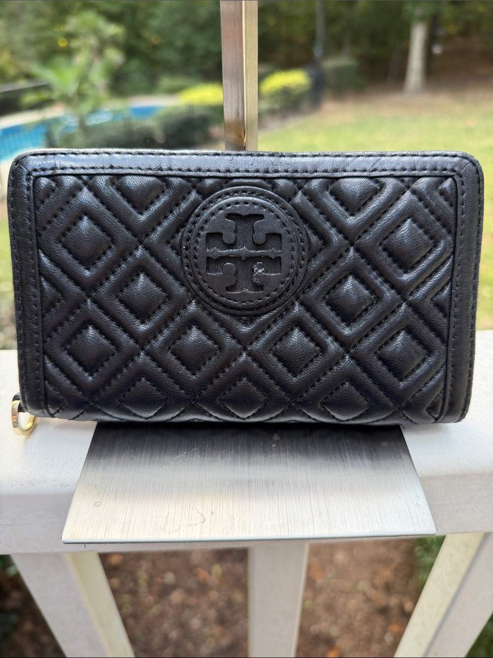 Tory Burch Black Quilted Leather Zip Wallet with Logo
